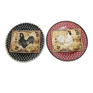 Sakura Retro Rooster Salad Plates Set of 2 Black Red Polka Dot Farmhouse